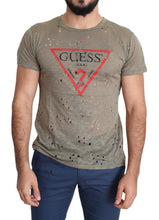 Brown Cotton Stretch Logo Print Men Casual Perforated T-shirt Guess