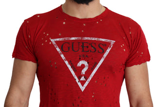 Red Cotton Logo Print Men Casual Top Perforated T-shirt Guess