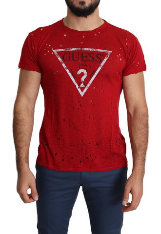 Red Cotton Logo Print Men Casual Top Perforated T-shirt Guess