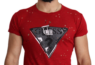 Red Cotton Logo Print Men Casual Top Perforated T-shirt Guess