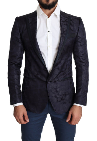 Blue Floral Jacquard Silk Coat MARTINI Blazer Dolce & Gabbana