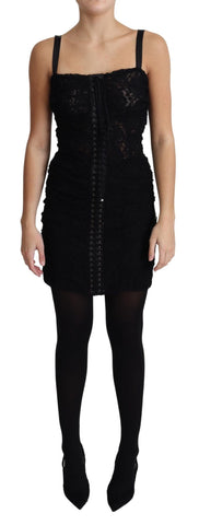 Black Lace Up Floral Corset Bustier Mini Dress Dolce & Gabbana