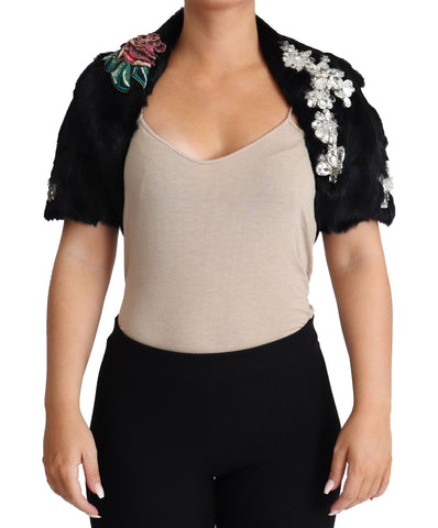 Black Rabbit Fur Crystals Sequin Coat Dolce & Gabbana