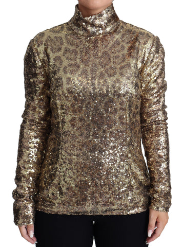 Brown Leopard Fit Turtleneck Sequin Sweater Dolce & Gabbana