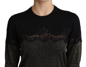 Black Shiny Lurex Lace Insert Pullover Top Dolce & Gabbana