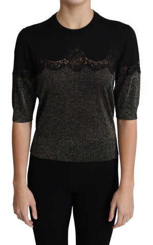 Black Shiny Lurex Lace Insert Pullover Top Dolce & Gabbana