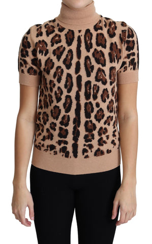 Beige Leopard Print Virgin Wool Turtleneck Top Dolce & Gabbana
