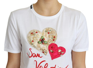 White San Valentino Heart Crystals T-shirt Top Dolce & Gabbana