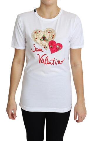 White San Valentino Heart Crystals T-shirt Top Dolce & Gabbana