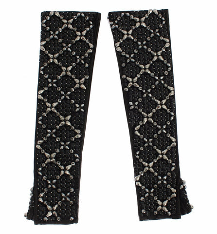 Black Leather Crystal Beaded Finger Free Gloves Dolce & Gabbana