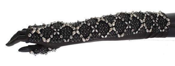 Black Leather Crystal Beaded Finger Free Gloves Dolce & Gabbana
