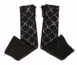 Black Leather Crystal Beaded Finger Free Gloves Dolce & Gabbana