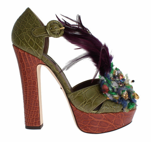 Green Leather Crystal Platform Sandal Shoes Dolce & Gabbana