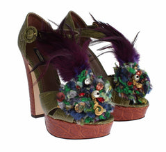 Green Leather Crystal Platform Sandal Shoes Dolce & Gabbana