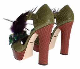 Green Leather Crystal Platform Sandal Shoes Dolce & Gabbana