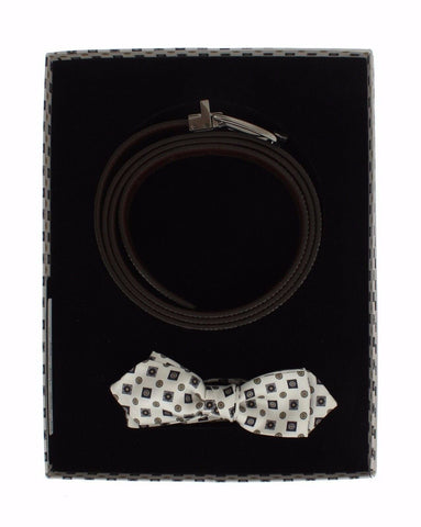 White Silk Bowtie Leather Men Belt Gift Box Dolce & Gabbana