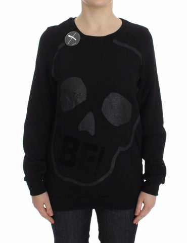 Black Cotton Motive Print Crewneck Pullover Sweater Exte