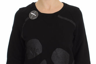 Black Cotton Motive Print Crewneck Pullover Sweater Exte