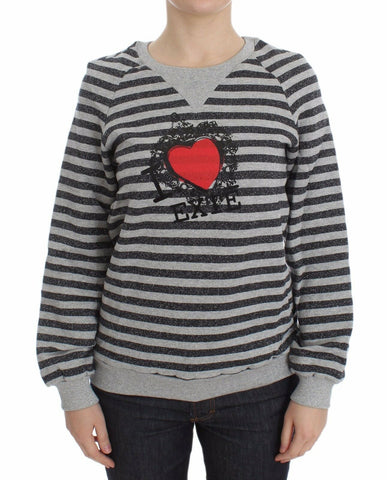 Gray Striped Cotton Crewneck Sweater Exte