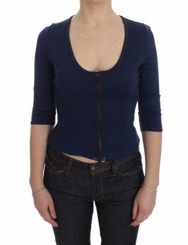 Blue Cotton Top Zipper Deep Crew-neck Sweater Exte