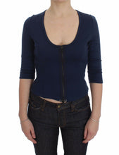 Blue Cotton Top Zipper Deep Crew-neck Sweater Exte