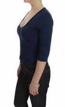 Blue Cotton Top Zipper Deep Crew-neck Sweater Exte