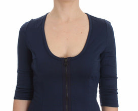 Blue Cotton Top Zipper Deep Crew-neck Sweater Exte