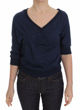Blue Cotton Top Pullover Deep V-neck Women Sweater Exte