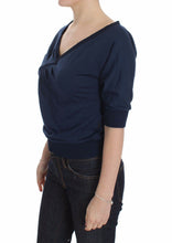 Blue Cotton Top Pullover Deep V-neck Women Sweater Exte
