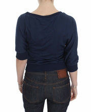 Blue Cotton Top Pullover Deep V-neck Women Sweater Exte