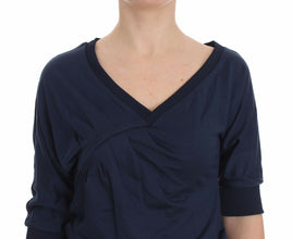 Blue Cotton Top Pullover Deep V-neck Women Sweater Exte