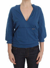 Blue Cotton Top Pullover Deep V-neck Women Sweater Exte