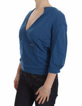 Blue Cotton Top Pullover Deep V-neck Women Sweater Exte