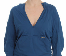 Blue Cotton Top Pullover Deep V-neck Women Sweater Exte