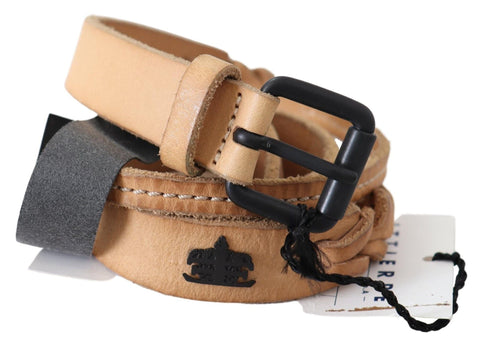 Light Brown Slim Leather Black Logo Buckle Belt Belt Scervino Street