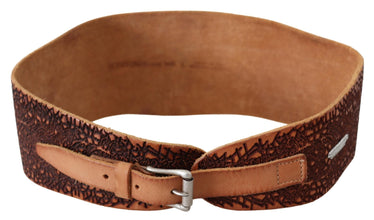 Brown Wide Leather Embroidered Design Logo Belt Scervino Street