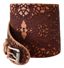 Brown Wide Leather Embroidered Design Logo Belt Scervino Street