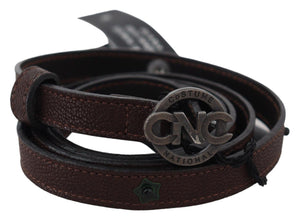 Brown Skinny Leather Round Logo Buckle Belt Costume National