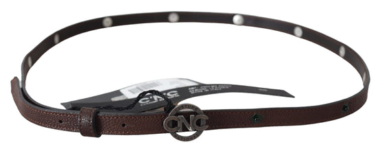Brown Skinny Leather Round Logo Buckle Belt Costume National