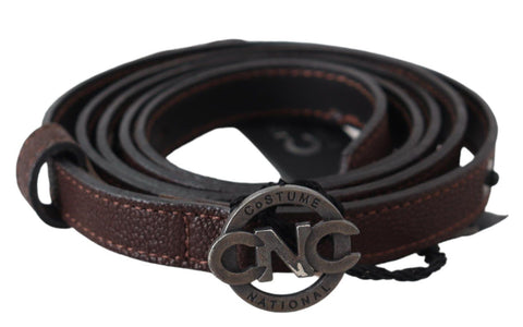 Brown Skinny Leather Round Logo Buckle Belt Costume National