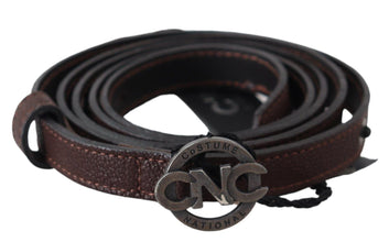 Brown Skinny Leather Round Logo Buckle Belt Costume National