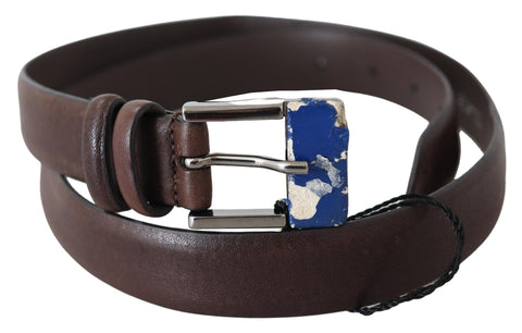 Brown Genuine Leather Silver Buckle Belt Costume National
