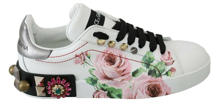 White Leather Crystal Roses Floral Sneakers Shoes Dolce & Gabbana