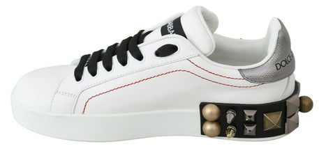 White Leather Crystal Roses Floral Sneakers Shoes Dolce & Gabbana