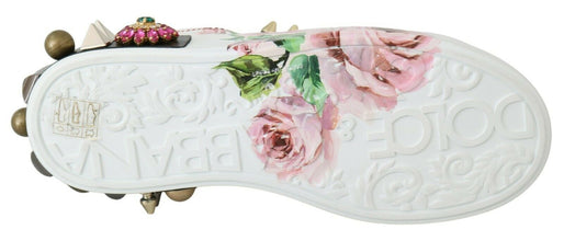 White Leather Crystal Roses Floral Sneakers Shoes Dolce & Gabbana