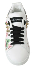 White Leather Crystal Roses Floral Sneakers Shoes Dolce & Gabbana