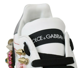 White Leather Crystal Roses Floral Sneakers Shoes Dolce & Gabbana