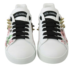 White Leather Crystal Roses Floral Sneakers Shoes Dolce & Gabbana