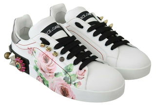 White Leather Crystal Roses Floral Sneakers Shoes Dolce & Gabbana