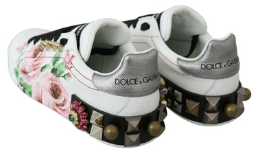 White Leather Crystal Roses Floral Sneakers Shoes Dolce & Gabbana